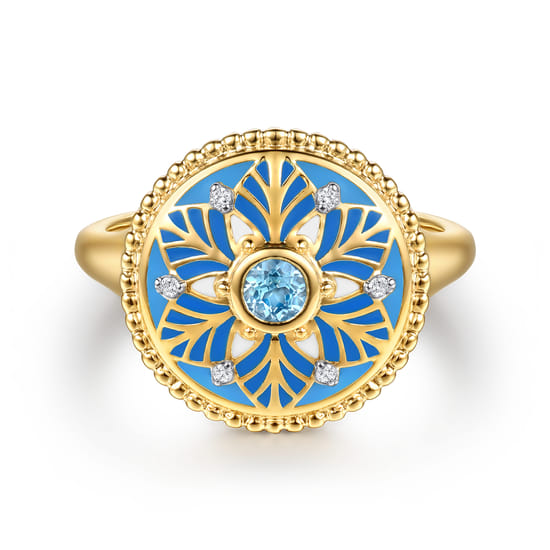 Gabriel - 14K Yellow Gold Bujukan Diamond and Blue Topaz Signet Ring with Blue and Dust Blue and White Enamel