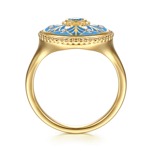 14K Yellow Gold Bujukan Diamond and Blue Topaz Signet Ring with Blue and Dust Blue and White Enamel