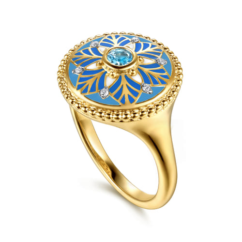 14K Yellow Gold Bujukan Diamond and Blue Topaz Signet Ring with Blue and Dust Blue and White Enamel