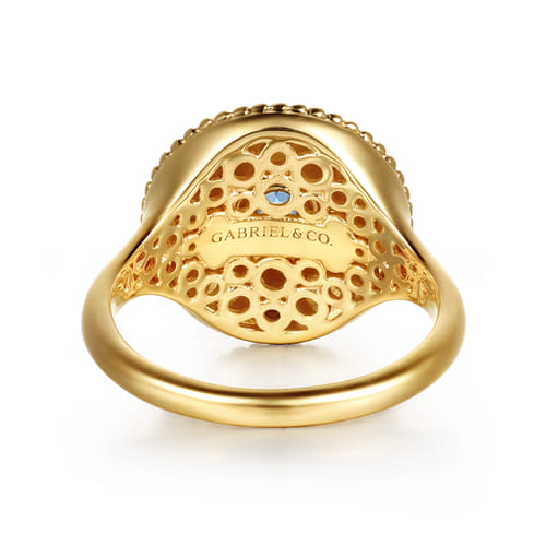 14K Yellow Gold Bujukan Diamond and Blue Topaz Signet Ring with Blue and Dust Blue and White Enamel