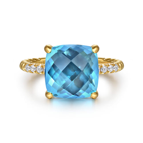 14K Yellow Gold Bujukan Diamond and Blue Topaz Signet Ring 