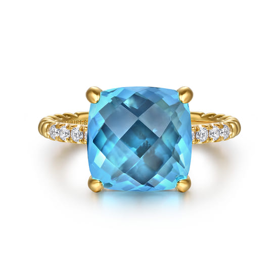 14K Yellow Gold Bujukan Diamond and Blue Topaz Signet Ring 