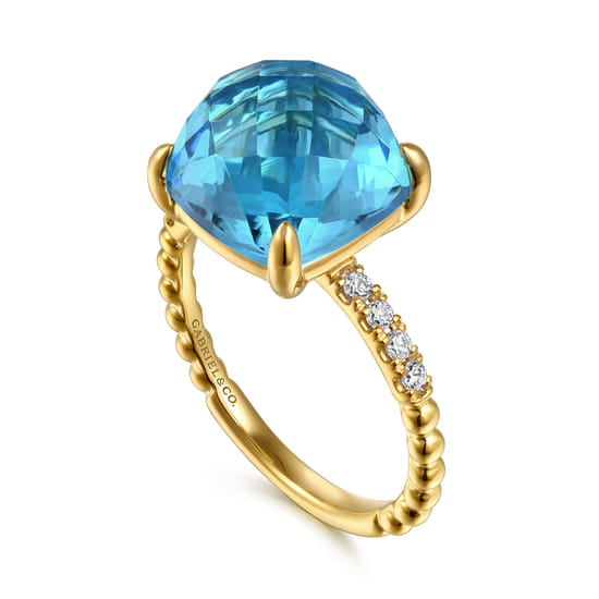 14K Yellow Gold Bujukan Diamond and Blue Topaz Signet Ring  angle 3