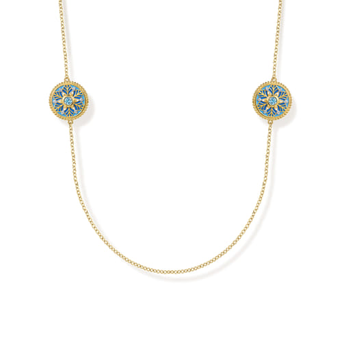 14K Yellow Gold Bujukan Diamond and Blue Topaz Station Necklace with Blue and Dust Blue and White Enamel