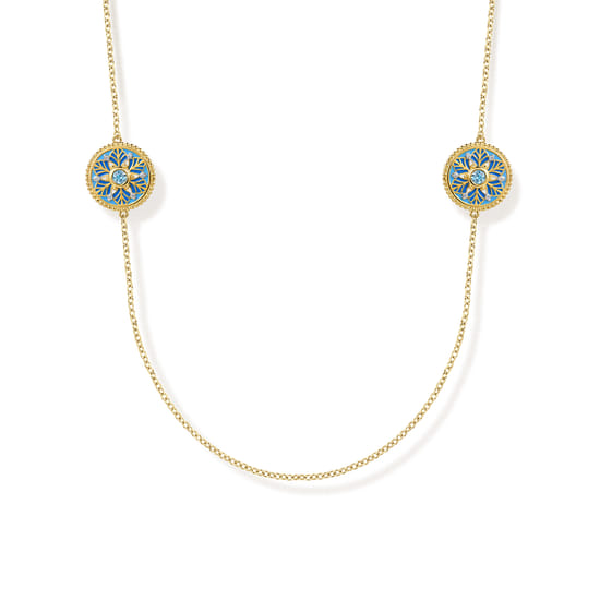 14K Yellow Gold Bujukan Diamond and Blue Topaz Station Necklace with Blue and Dust Blue and White Enamel