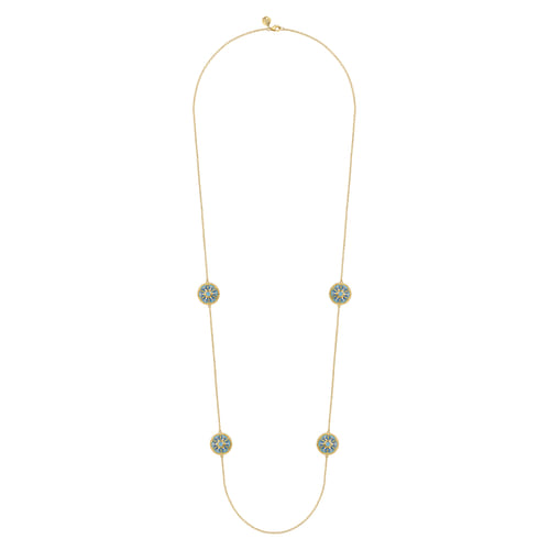 14K Yellow Gold Bujukan Diamond and Blue Topaz Station Necklace with Blue and Dust Blue and White Enamel