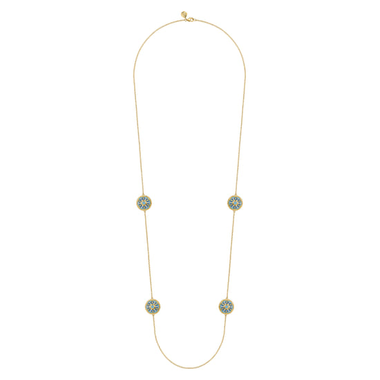 14K Yellow Gold Bujukan Diamond and Blue Topaz Station Necklace with Blue and Dust Blue and White Enamel angle 2