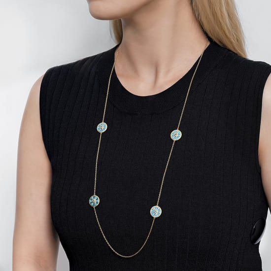 14K Yellow Gold Bujukan Diamond and Blue Topaz Station Necklace with Blue and Dust Blue and White Enamel angle 3