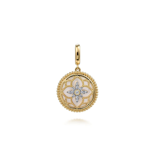 14K Yellow Gold Bujukan Diamond and Mother of Pearl Medallion Pendant in size 18mm With Detachable Bail 