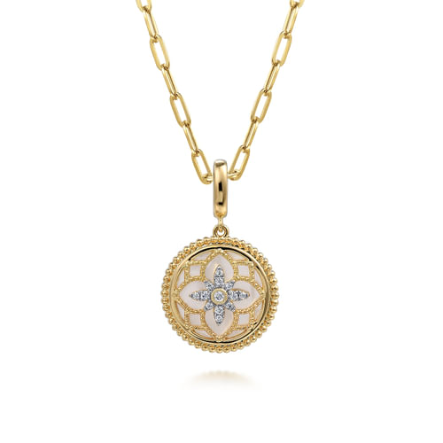 14K Yellow Gold Bujukan Diamond and Mother of Pearl Medallion Pendant in size 18mm With Detachable Bail 