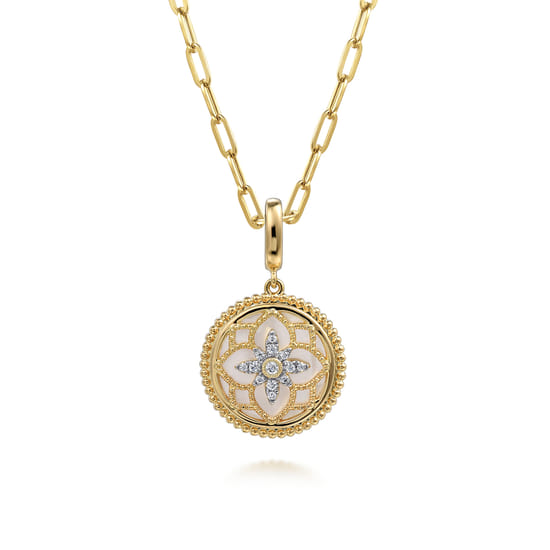 14K Yellow Gold Bujukan Diamond and Mother of Pearl Medallion Pendant in size 18mm With Detachable Bail  angle 3