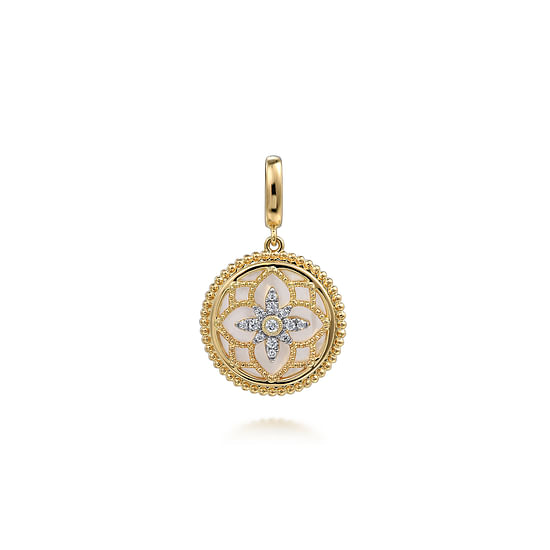 Gabriel - 14K Yellow Gold Bujukan Diamond and Mother of Pearl Medallion Pendant in size 18mm