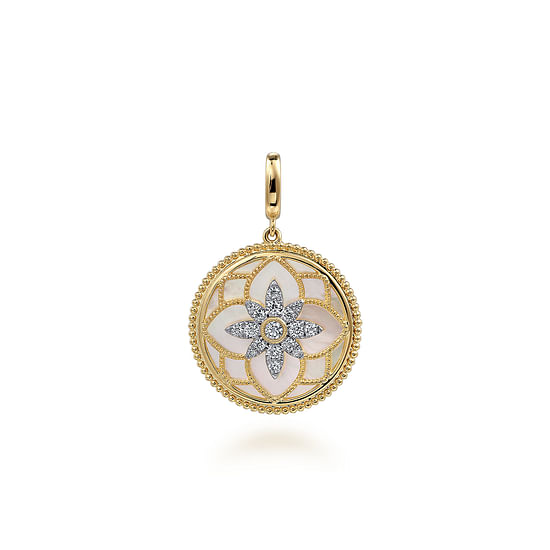 Gabriel - 14K Yellow Gold Bujukan Diamond and Mother of Pearl Medallion Pendant in size 24mm With Detachable Bail 
