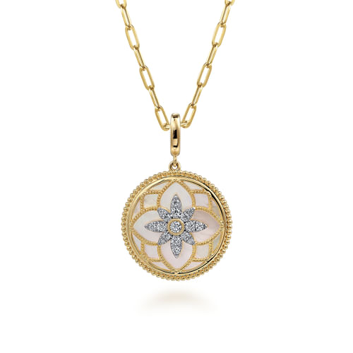 14K Yellow Gold Bujukan Diamond and Mother of Pearl Medallion Pendant in size 24mm With Detachable Bail 