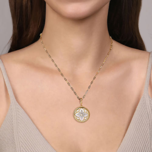 14K Yellow Gold Bujukan Diamond and Mother of Pearl Medallion Pendant in size 24mm With Detachable Bail 