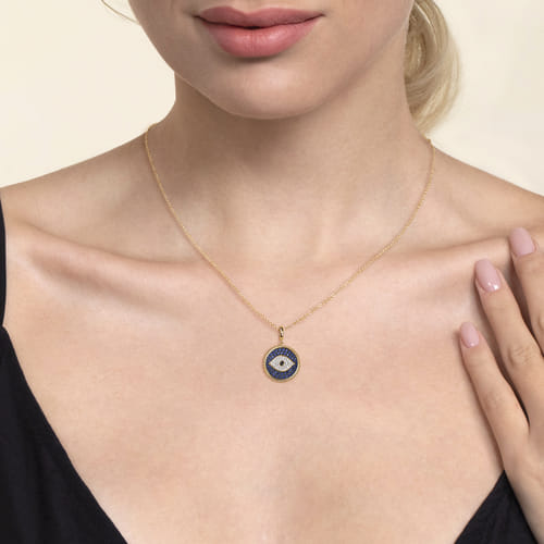 14K Yellow Gold Bujukan Diamond and Multi Stones Evil Eye Medallion Pendant With Detachable Bail