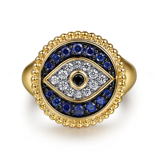 14K Yellow Gold Bujukan Diamond and Multi Stones Evil Eye Signet Ring 14K Yellow Gold Bujukan Diamond and Multi Stones Evil Eye Signet Ring
