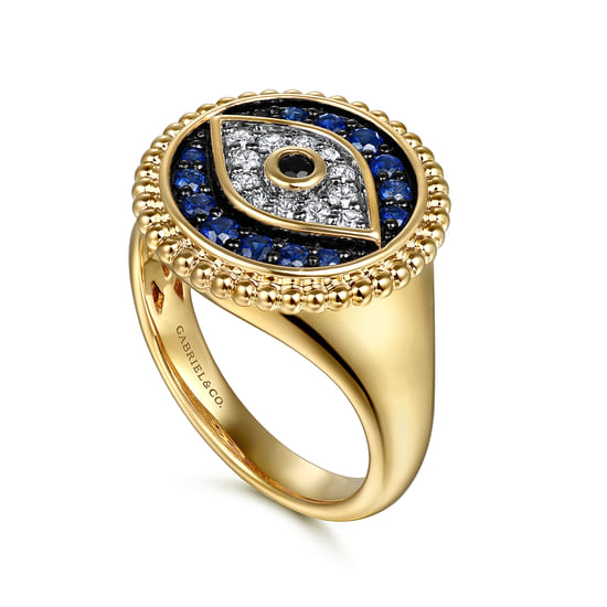 14K Yellow Gold Bujukan Diamond and Multi Stones Evil Eye Signet Ring angle 3 14K Yellow Gold Bujukan Diamond and Multi Stones Evil Eye Signet Ring angle 3