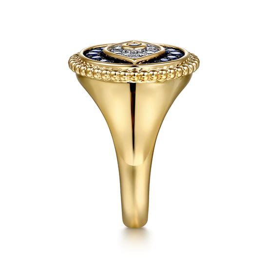 14K Yellow Gold Bujukan Diamond and Multi Stones Evil Eye Signet Ring angle 4 14K Yellow Gold Bujukan Diamond and Multi Stones Evil Eye Signet Ring angle 4