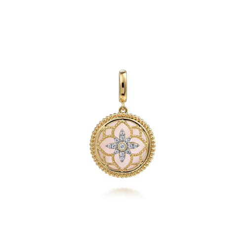 14K Yellow Gold Bujukan Diamond and Pink Mother of Pearl Medallion Pendant in size 18mm With Detachable Bail