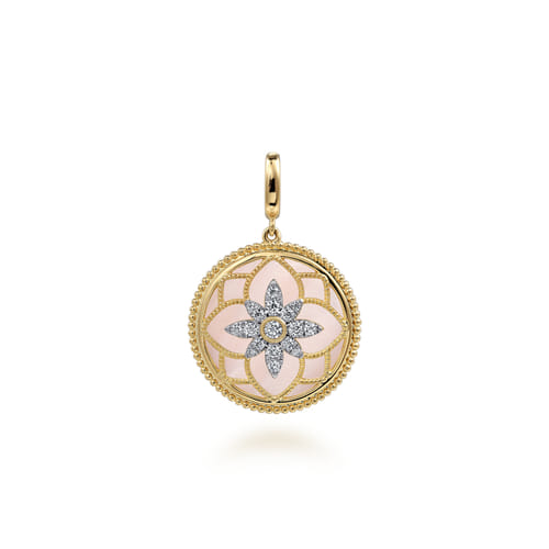 14K Yellow Gold Bujukan Diamond and Pink Mother of Pearl Medallion Pendant in size 24mm With Detachable Bail 14K Yellow Gold Bujukan Diamond and Pink Mother of Pearl Medallion Pendant in size 24mm With Detachable Bail
