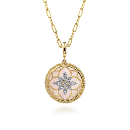 14K Yellow Gold Bujukan Diamond and Pink Mother of Pearl Medallion Pendant in size 24mm With Detachable Bail 14K Yellow Gold Bujukan Diamond and Pink Mother of Pearl Medallion Pendant in size 24mm With Detachable Bail