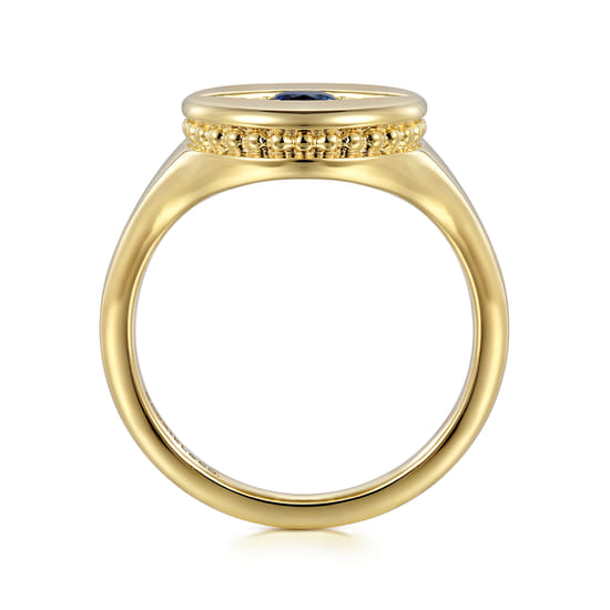 14K Yellow Gold Bujukan Diamond and Sapphire Evil Eye Signet Ladies Ring angle 2