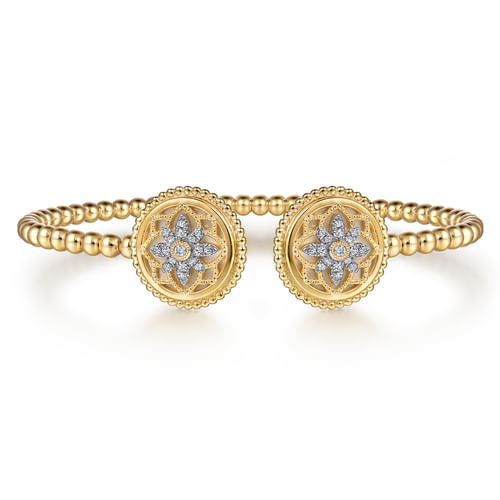 14K Yellow Gold Bujukan Diamond and White Mother of Pearl Double Medallion Open Bangle Bracelet
