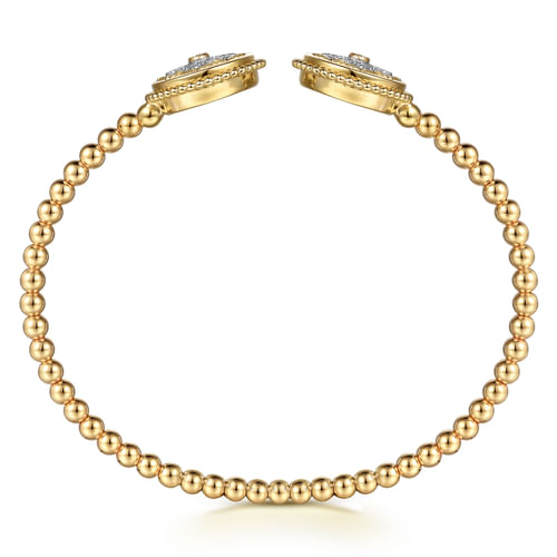 14K Yellow Gold Bujukan Diamond and White Mother of Pearl Double Medallion Open Bangle Bracelet