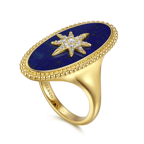 14K Yellow Gold Bujukan Elongated Oval Lapis Inlay Starburst Signet Ring