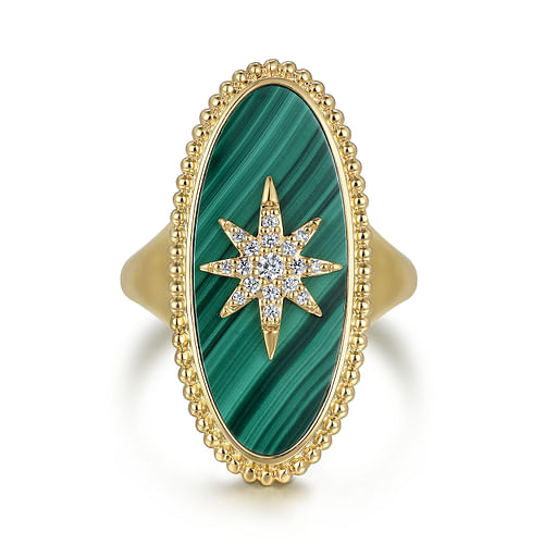 14K Yellow Gold Bujukan Elongated Oval Malachite Inlay Starburst Signet Ring