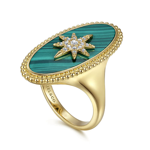 14K Yellow Gold Bujukan Elongated Oval Malachite Inlay Starburst Signet Ring