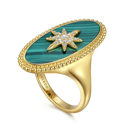 14K Yellow Gold Bujukan Elongated Oval Malachite Inlay Starburst Signet Ring angle 3