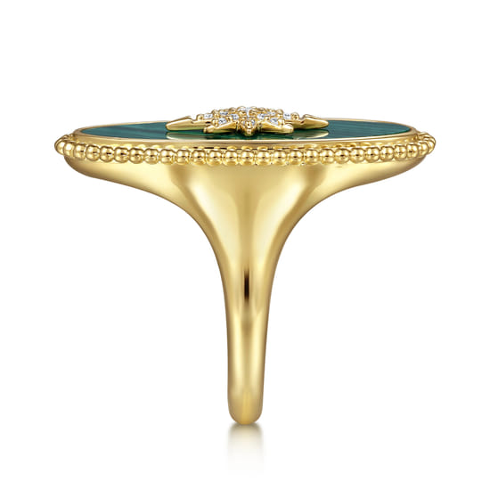 14K Yellow Gold Bujukan Elongated Oval Malachite Inlay Starburst Signet Ring angle 4