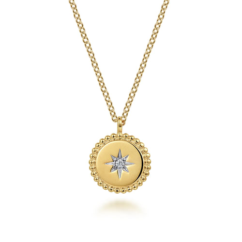 14K Yellow Gold Bujukan Medallion Necklace with Starburst Diamond Center 