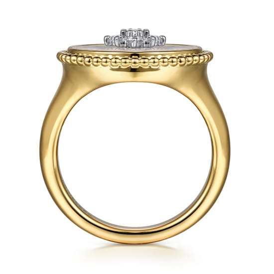 14K Yellow Gold Bujukan Mother of Pearl Inlay and Diamond Starburst Signet Ring angle 2