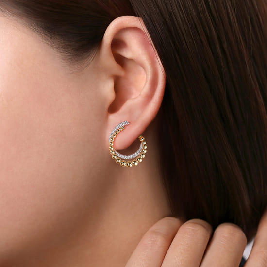 14K Yellow Gold Bujukan Open Double Row Ball and Diamond Bypass Hoop Earrings angle 2 14K Yellow Gold Bujukan Open Double Row Ball and Diamond Bypass Hoop Earrings angle 2