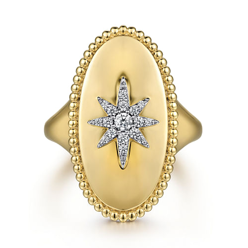 14K Yellow Gold Bujukan Oval Diamond Starburst Signet Ring