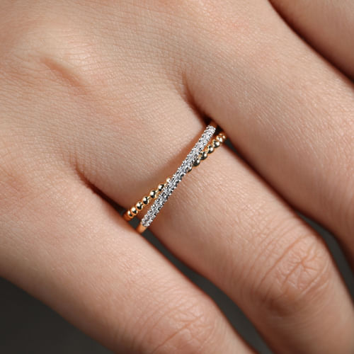 14K Yellow Gold Bujukan Pavé Diamond Criss Cross Stackable Ring