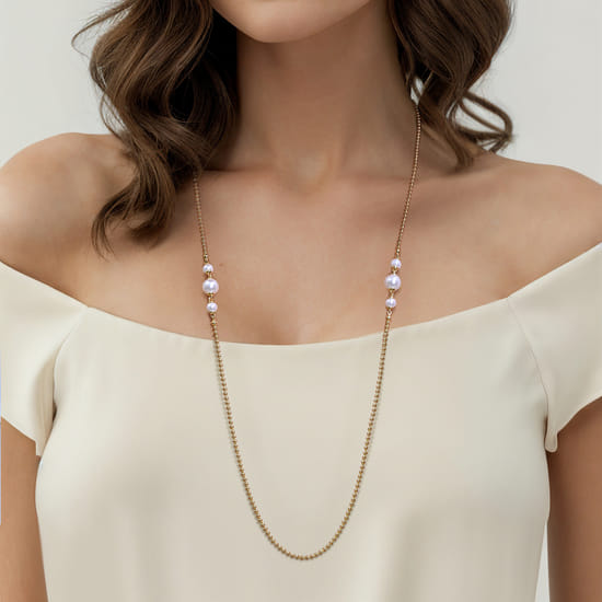 14K Yellow Gold Bujukan Pearl Station Necklace angle 4