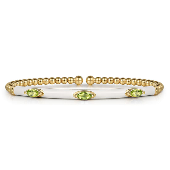 Gabriel - 14K Yellow Gold Bujukan Peridot Split Bangle with White Enamel