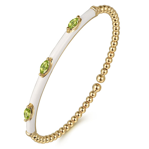 14K Yellow Gold Bujukan Peridot Split Bangle with White Enamel