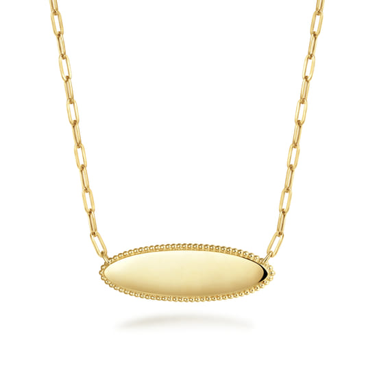 14K Yellow Gold Bujukan Personalized Elongated Oval Pendant Necklace with Hollow Paperclip Chain
