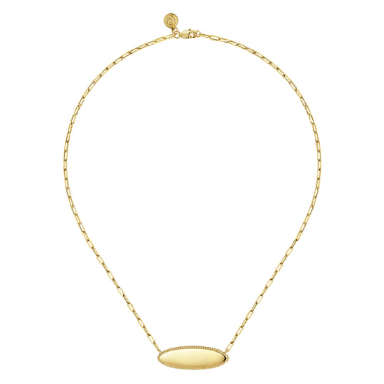 14K Yellow Gold Bujukan Personalized Elongated Oval Pendant Necklace with Hollow Paperclip Chain angle 2