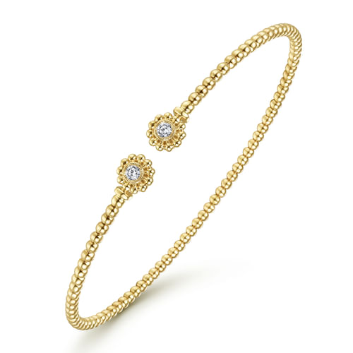 14K Yellow Gold Bujukan Split Cuff Bracelet with Diamond Flower Caps