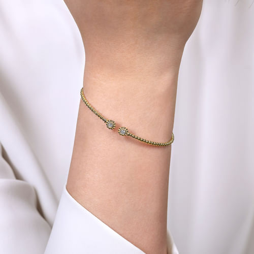 14K Yellow Gold Bujukan Split Cuff Bracelet with Diamond Flower Caps