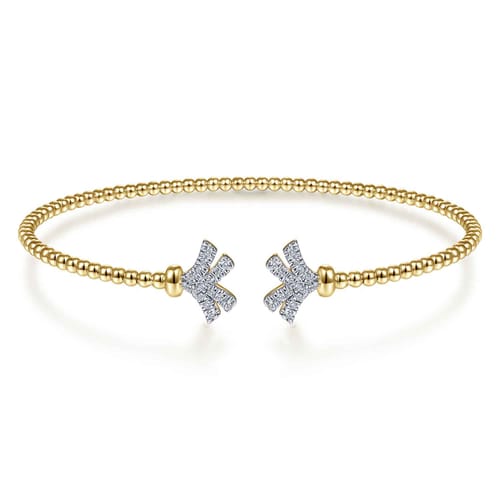 14K Yellow Gold Bujukan Split Cuff Bracelet with Diamond Pav¿ª Fan Caps