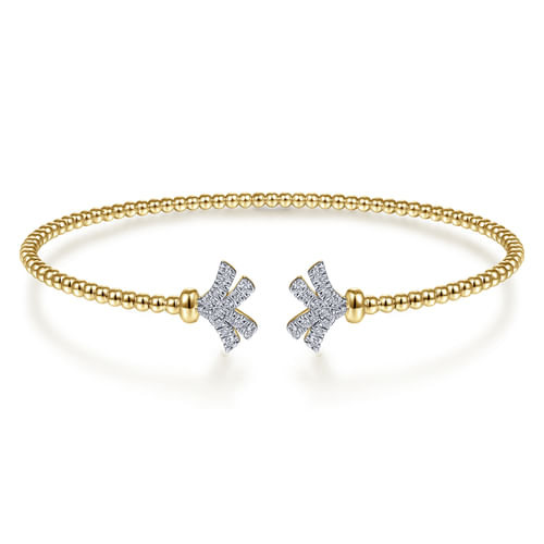 14K Yellow Gold Bujukan Split Cuff Bracelet with Diamond Pav¿ª Fan Caps