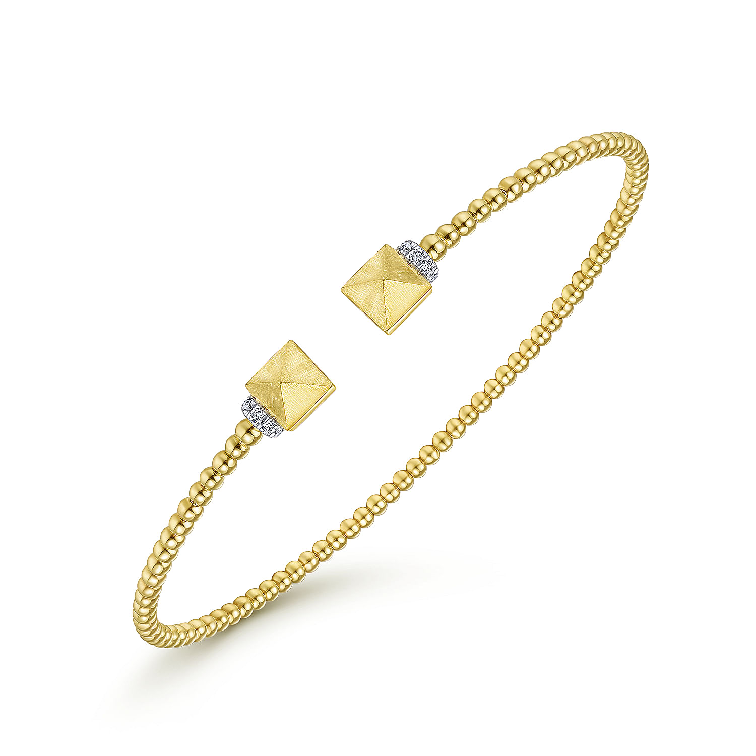 14K Yellow Gold Bujukan Split Cuff Bracelet with Pyramid and Diamond Caps