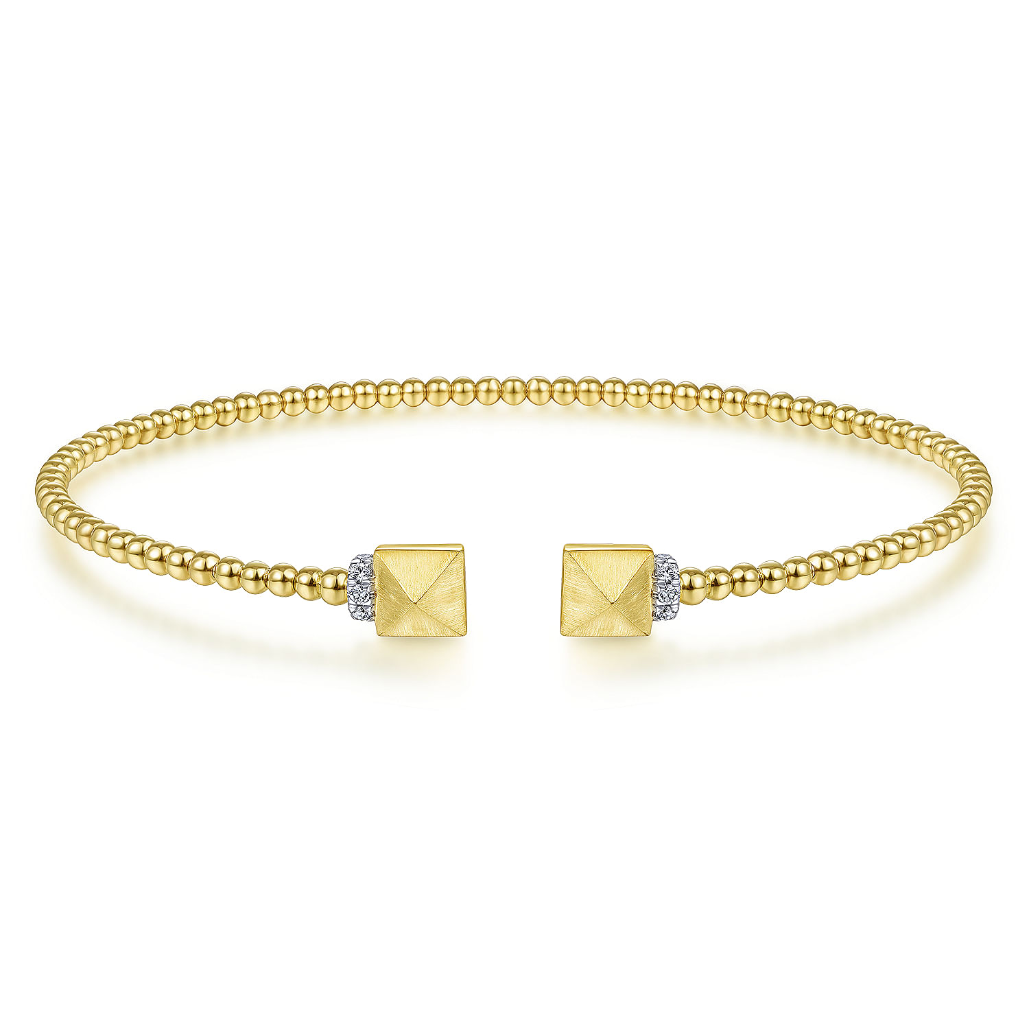 14K Yellow Gold Bujukan Split Cuff Bracelet with Pyramid and Diamond Caps